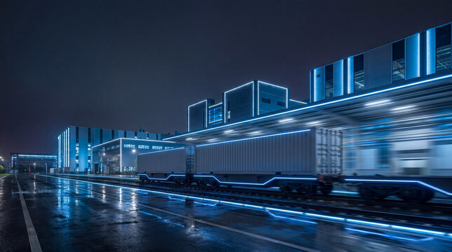 Autonomous Freight Train Passing Smart Factory at Night with Copy Space