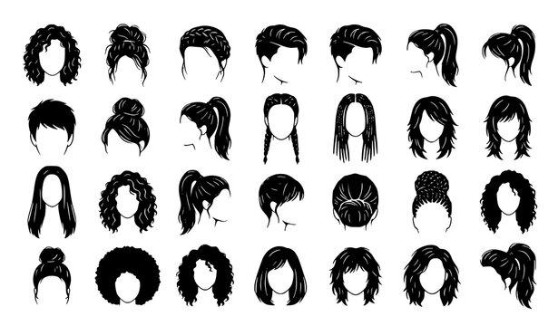 Black Silhouette Women Hairstyle Icon Set Vector Illustration Collection of Various Female Hair Design Elements Fashion Bundle