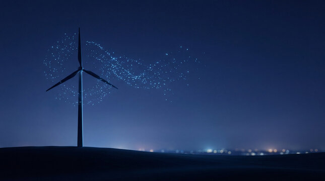 Digital Wind Turbine with Data Particles in Blue Night Landscape