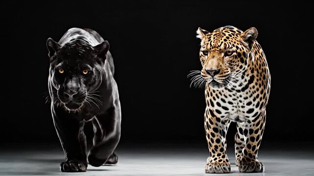 A black panther and a spotted leopard stand on white