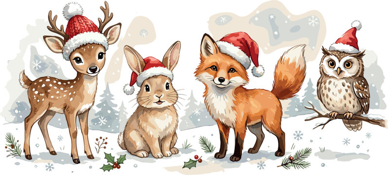 Watercolor Christmas woodland animals set featuring cute deer rabbit fox and owl wearing Santa hats in snow isolated on white background vector illustration