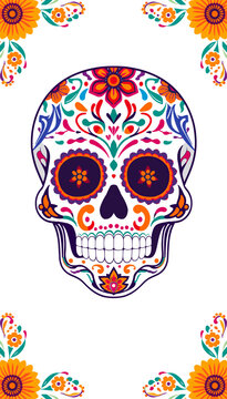 Vibrant Sugar Skull Art with Floral Embellishments, Celebrating Day of the Dead Traditions.