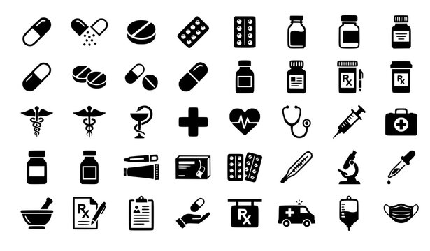 Medical and Pharmacy Icon Set with Pills, Caduceus, Stethoscope, Syringe, Ambulance, and Healthcare Symbols for Medical Apps and Designs
