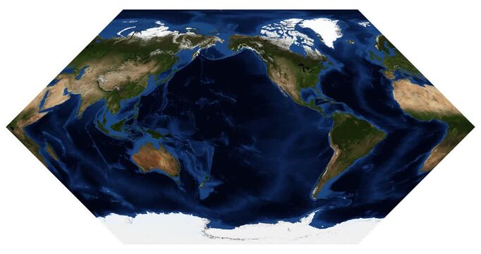 World map in Eckert I projection. Animated longitude shift and rotation. High-detail physical map of Earth. June View. Elements of this video furnished by NASA.