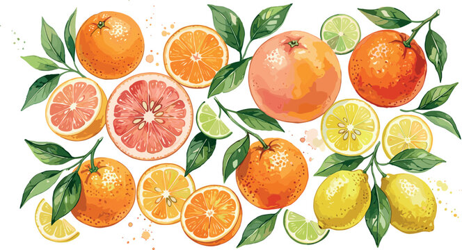 Watercolor citrus fruit collection featuring oranges lemons grapefruits limes whole fruits and fresh juicy slices isolated on white background vector illustration