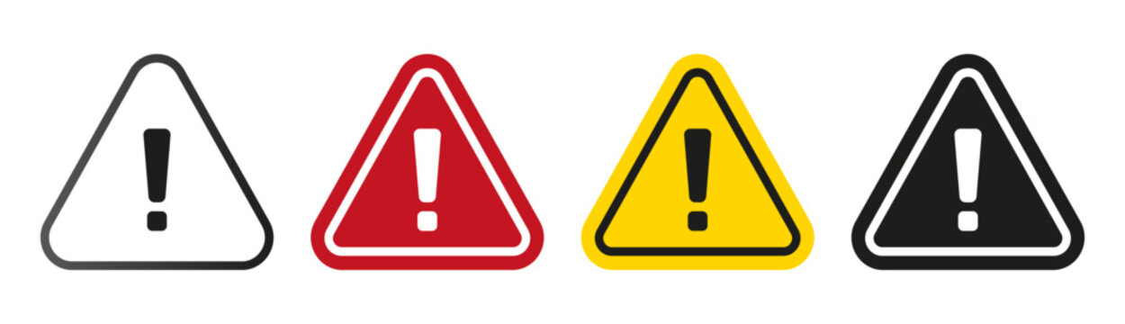 Warning triangle icon set, red yellow and black exclamation caution signs for hazard alert, safety notice, risk prevention, emergency symbol signage. Vector illustration.