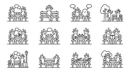 Obraz premium People sitting on park benches line icon set