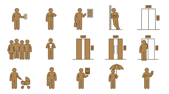 People using elevators and lift buttons set.