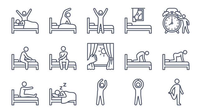 People waking up and stretching in bed icons.