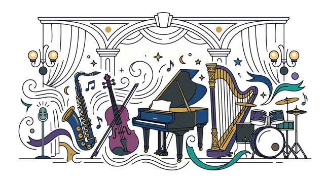 Orchestra Instruments on Stage with Curtains and Lights