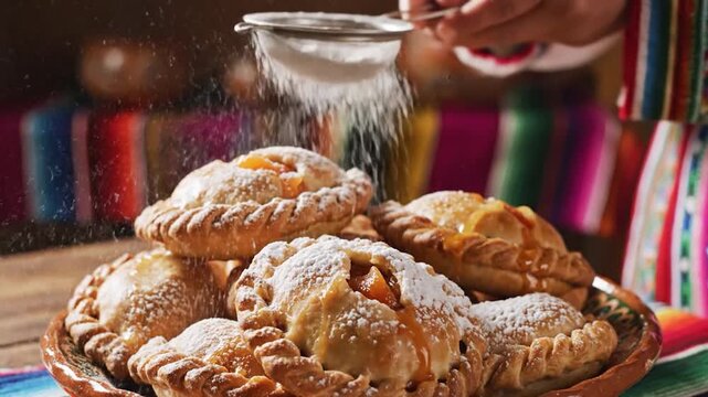 Freshly baked fruit empanadas dusted with white sugar