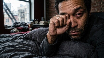 Fototapeta premium Tired Man Rubbing His Eyes While Lying In Bed Exhausted
