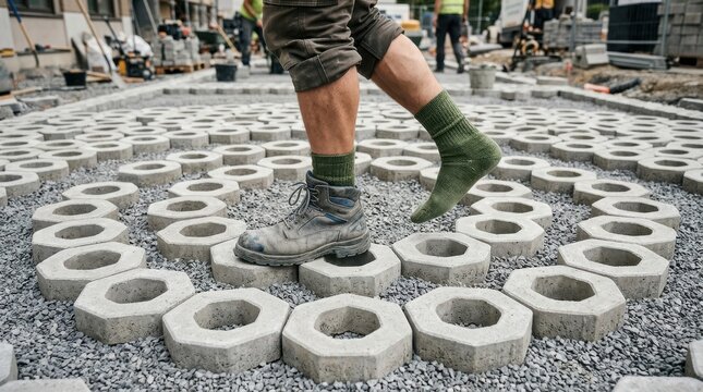 Construction worker walking on a spiral pattern of concrete pavers