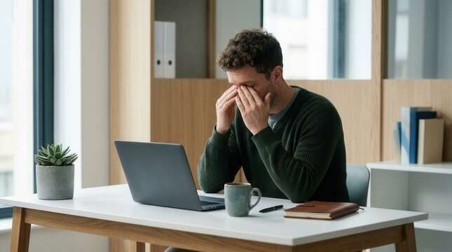 Tired Man Rubbing Eyes Frustrated At Computer In Modern Office