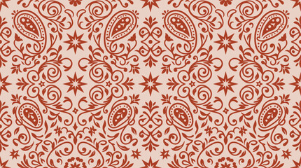 Fototapeta premium Seamless decorative pattern with brown paisley motifs and floral swirls on a light pink background