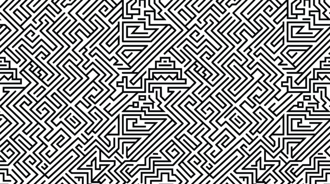 Intricate geometric maze pattern with interconnected black lines on a white background, for technical texture
