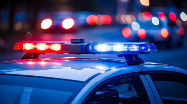 Police vehicle emergency lights flashing during nighttime patrol operation