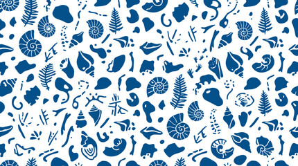 Seamless pattern of blue fossil and sea shell silhouettes scattered on a clean white background surface © MD
