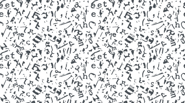 Seamless pattern of scattered black typography letters and punctuation marks on a white background