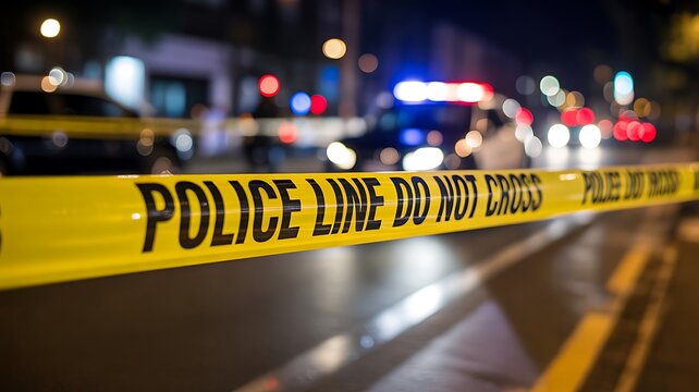 Police line tape blocking crime scene during nighttime investigation