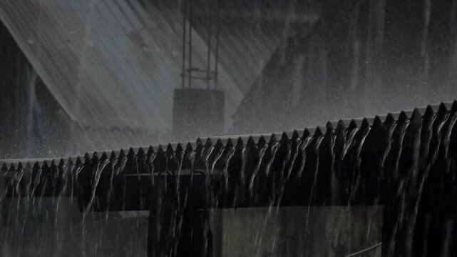 Torrential rain creating a waterfall effect as it pours heavily off the edge of a corrugated zinc residential rooftop during a severe monsoon storm.
