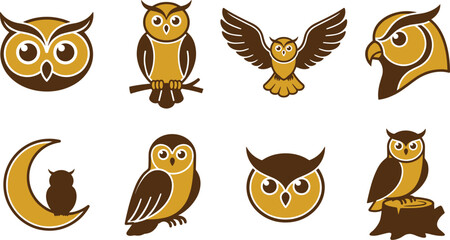 Naklejka premium Collection of stylized owl in brown and yellow colors on a white background, set