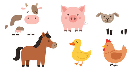 Fototapeta premium Cute Farm Animal Illustrations Cow, Pig, Sheep, Horse, Duck, and Chicken
