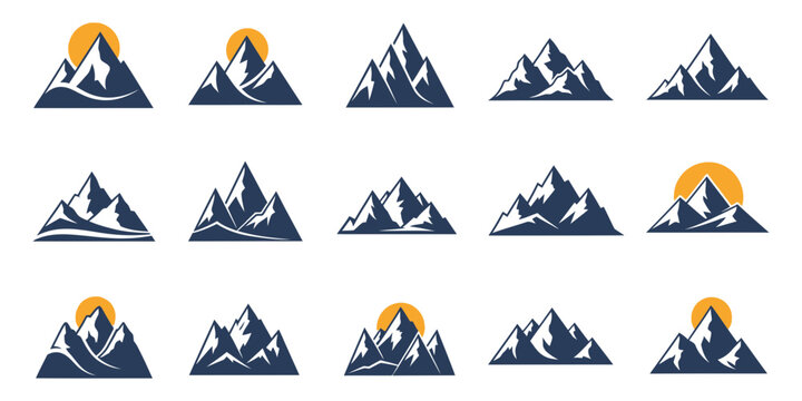 Collection of Minimalist Mountain Peak Icons with Sun for Adventure Travel Logo Design