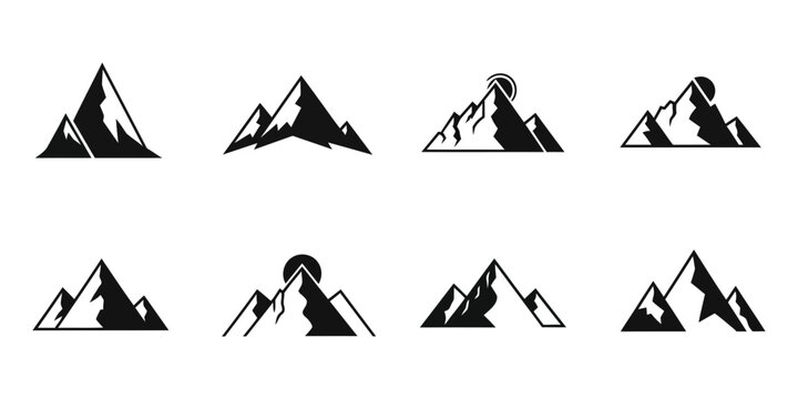 Set of minimalist black mountain range icons for adventure logos and nature graphic design