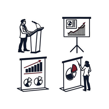 Set of Business Presentation Icons Featuring Speakers and Data Charts for Professional Corporate Meetings and Strategic Analysis