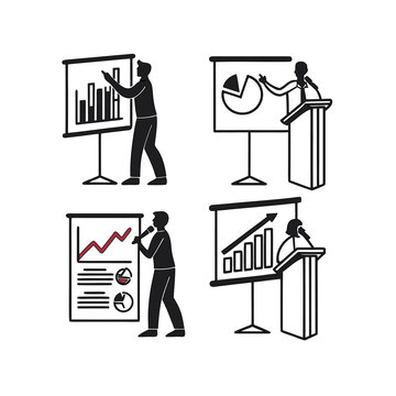 Business people presenting financial charts and reports on flipcharts icons set