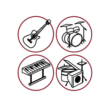 Set of four circular icons depicting musical instruments acoustic guitar, keyboard, and drum set, perfect for music-related designs