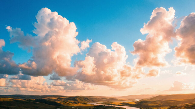 Dramatic Sky with Fluffy White Clouds Over Open Landscape at Sunset