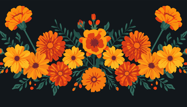 A vibrant and detailed illustration of a floral border featuring marigolds and greenery against a dark background.
