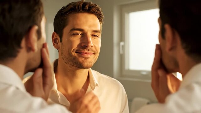 Happy man touching his smooth face after shaving in bathroom mirror
