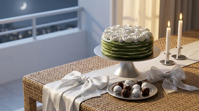 Elegant green cake and dessert presentation on a white table wit