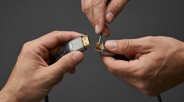 Hands Connecting Two Digital Video HDMI Cables Together.