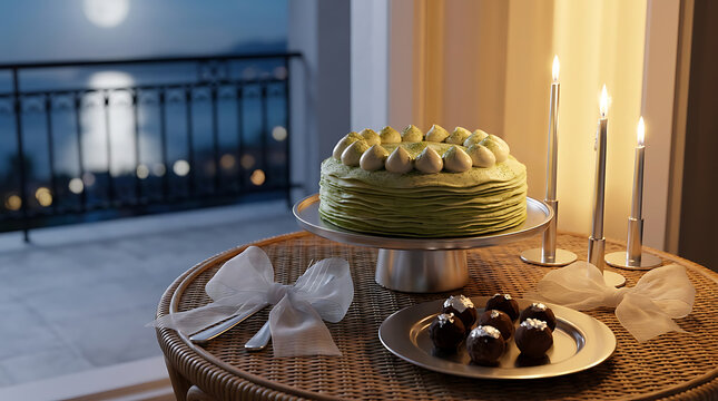 Elegant layered green cake with white ribbon and candles