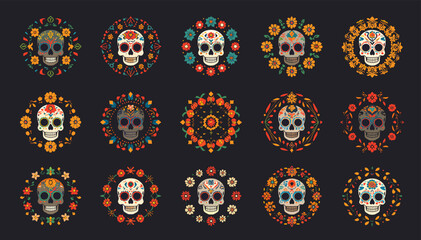 Collection of vibrant sugar skulls with intricate floral and geometric patterns, celebrating Dia de los Muertos culture on a dark background. © Pitu