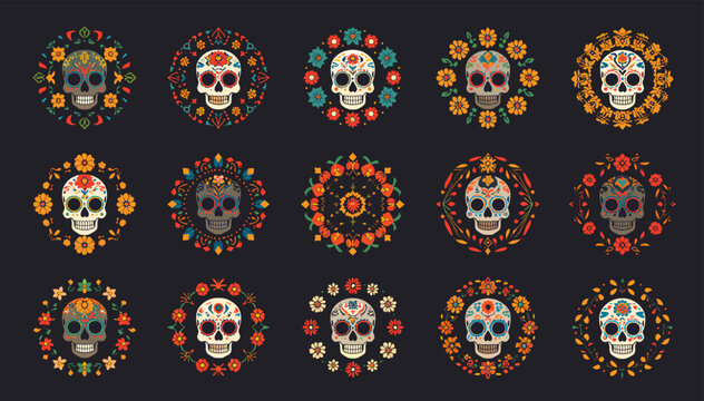 Collection of vibrant sugar skulls with intricate floral and geometric patterns, celebrating Dia de los Muertos culture on a dark background.
