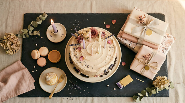 Elegant tiered cake with fresh flowers and gift wrapping for a c