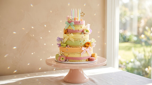 Tiered pastel birthday cake displayed on a pink pedestal, featur