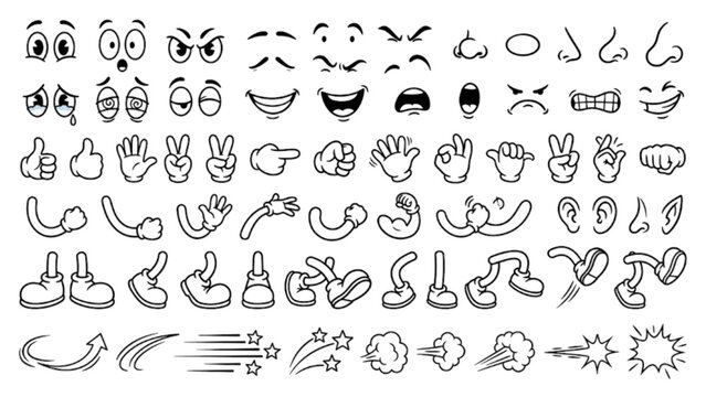 Vintage Cartoon Animation Body Parts Collection &ndash; Facial Expressions, Glove Hands, Feet, and Limbs Outline Set