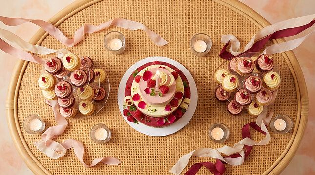 Festive cupcakes arranged on a wicker tray with decorative ribbo