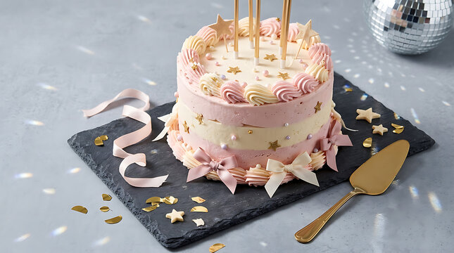 Pink birthday cake decorated with gold stars on a black slate bo