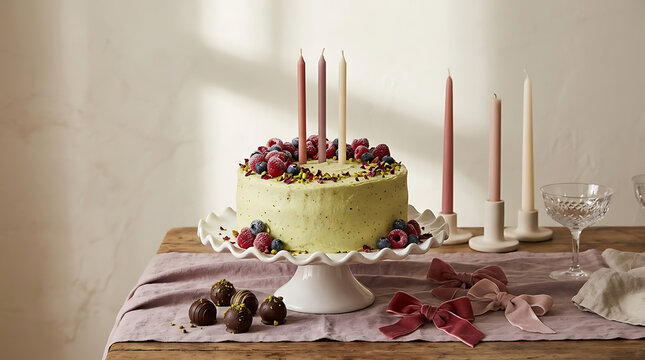 Fresh fruit tart or cake decorated with colorful berries and ele
