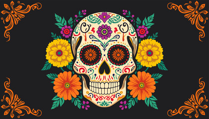 A vibrant sugar skull illustration with colorful flowers and ornate corner designs on a dark background, celebrating Day of the Dead. © Pitu
