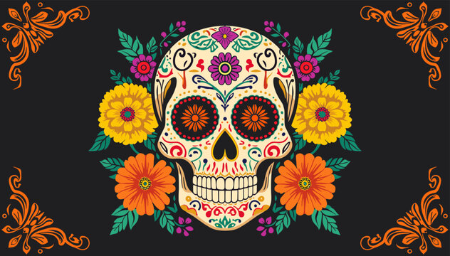 A vibrant sugar skull illustration with colorful flowers and ornate corner designs on a dark background, celebrating Day of the Dead.