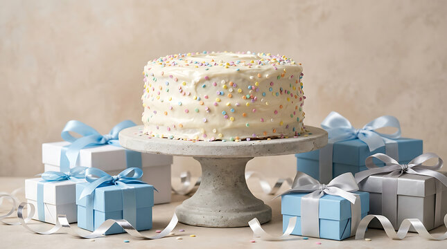 Celebration cake and wrapped gifts on a pedestal