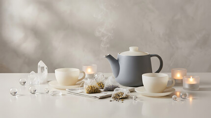 Fototapeta premium Cozy self-care scene with mugs, candles, and herbal tea